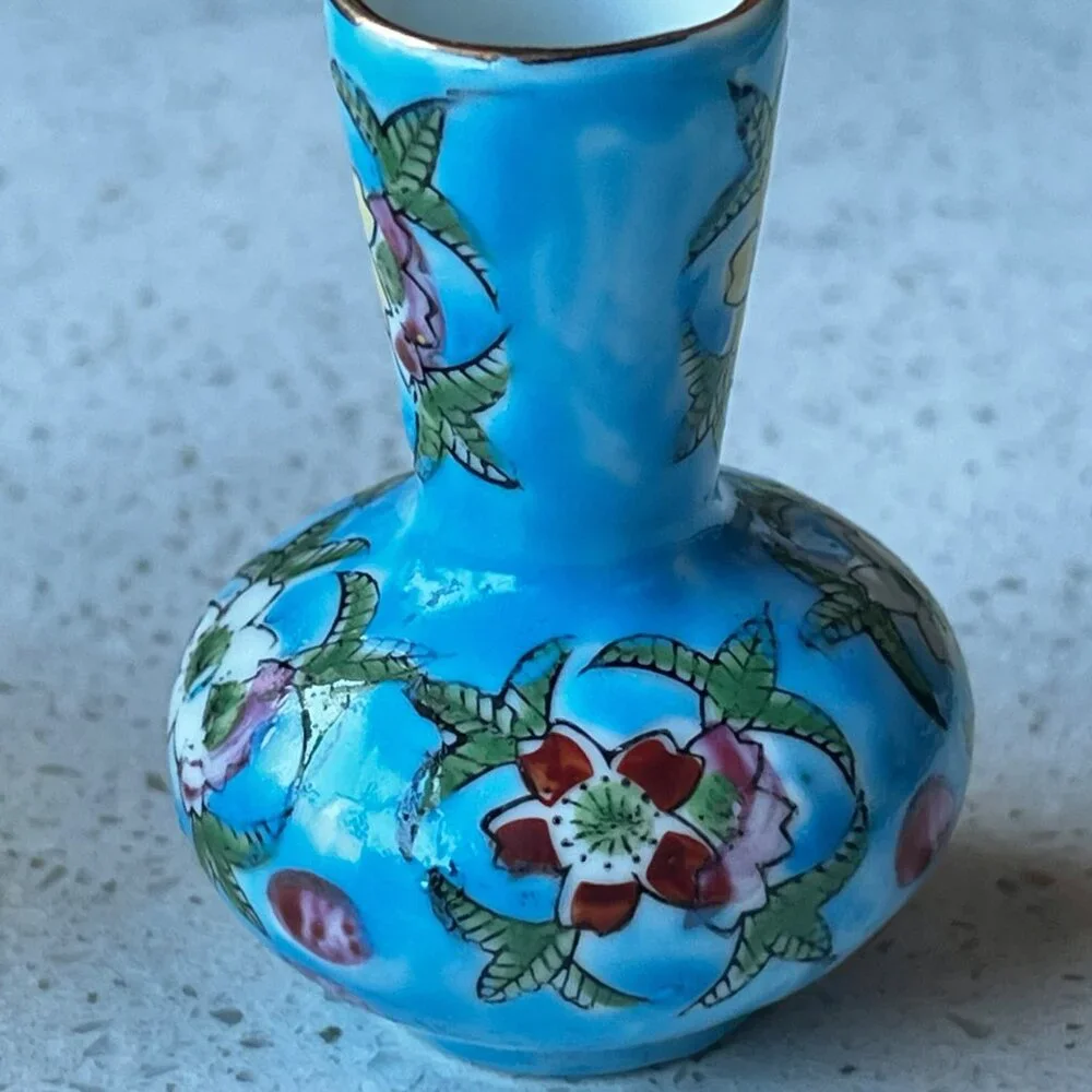 Miniature Japan Porcelain Vases Set Of 2 Yellow & Blue Floral Design vintage